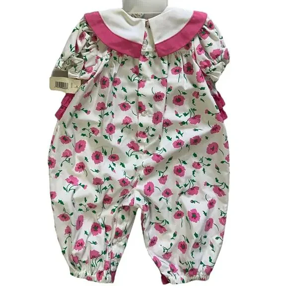 Vintage 80s Baby Pink, White, & Green Floral Collared Romper Size 6-9 Months